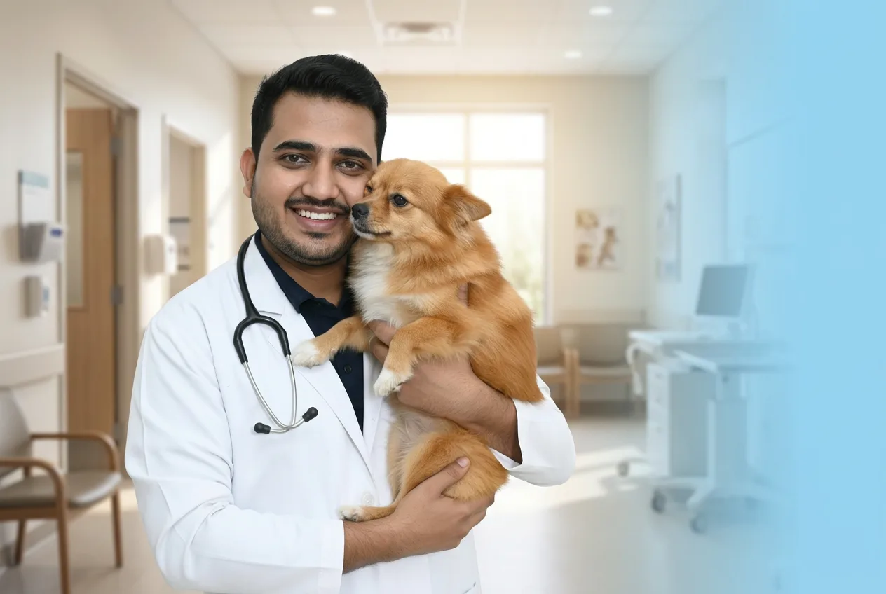 Holistic veterinarian caring for a dog at Asha Holistic Pet Hospital, Gurgaon